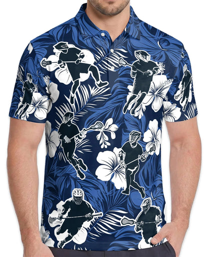 Blue Black Lacrosse Tropical Polo Shirt for Men, Sporty Island Style | Azhawaiian