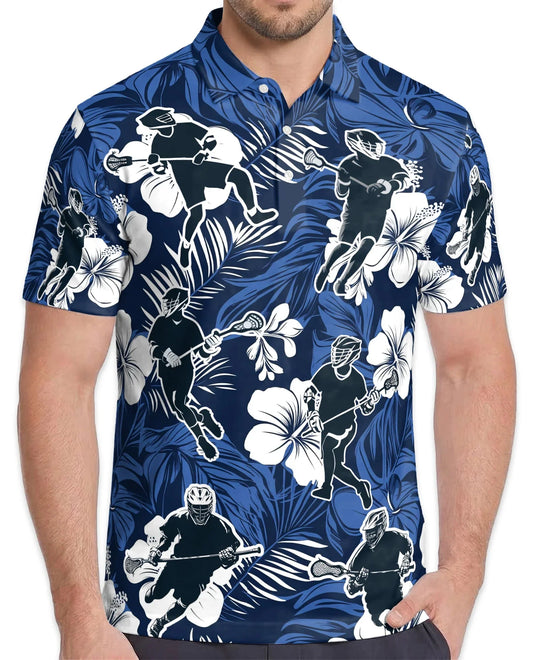 Blue Black Lacrosse Tropical Polo Shirt for Men, Sporty Island Style | Azhawaiian