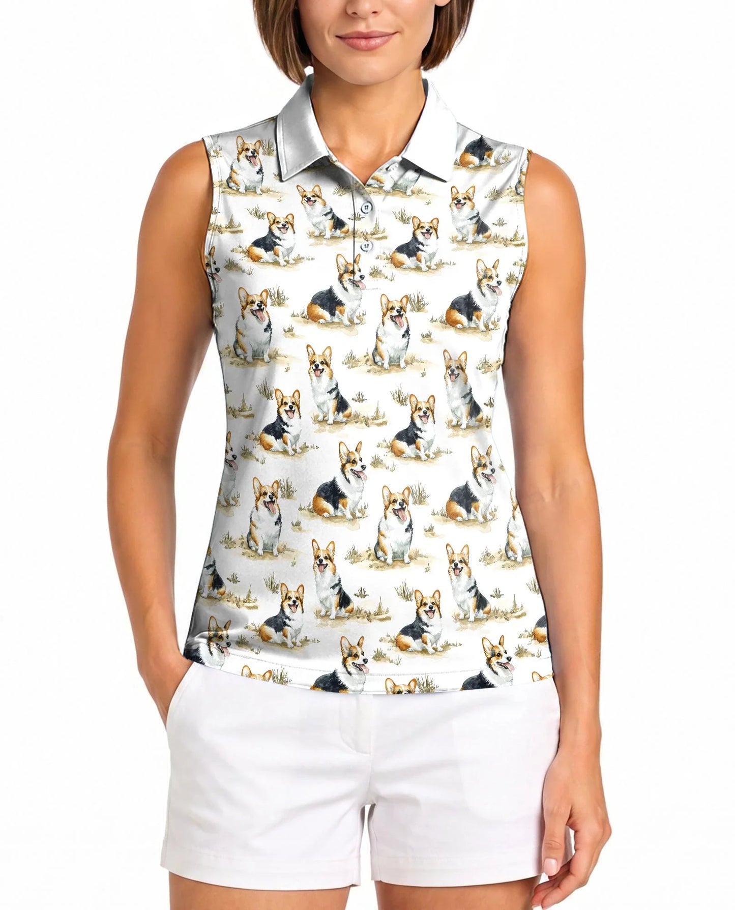 Smiling Corgi Sleeveless Polo Shirt for Women | Azhawaiian