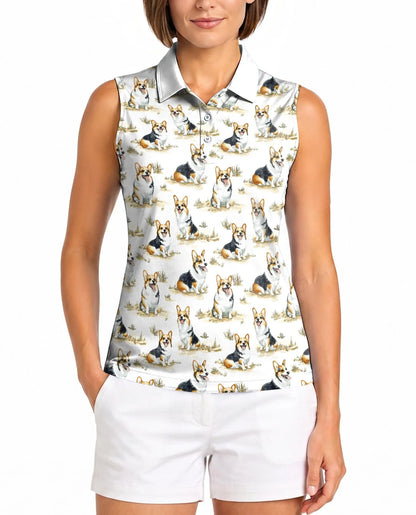 Smiling Corgi Sleeveless Polo Shirt for Women | Azhawaiian