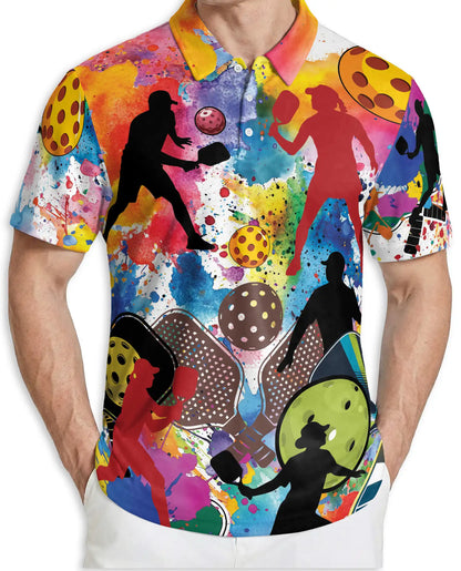 Colorful Pickleball Art 3D Polo Shirt for Men, Retro Sports Player Style | Azhawaiian