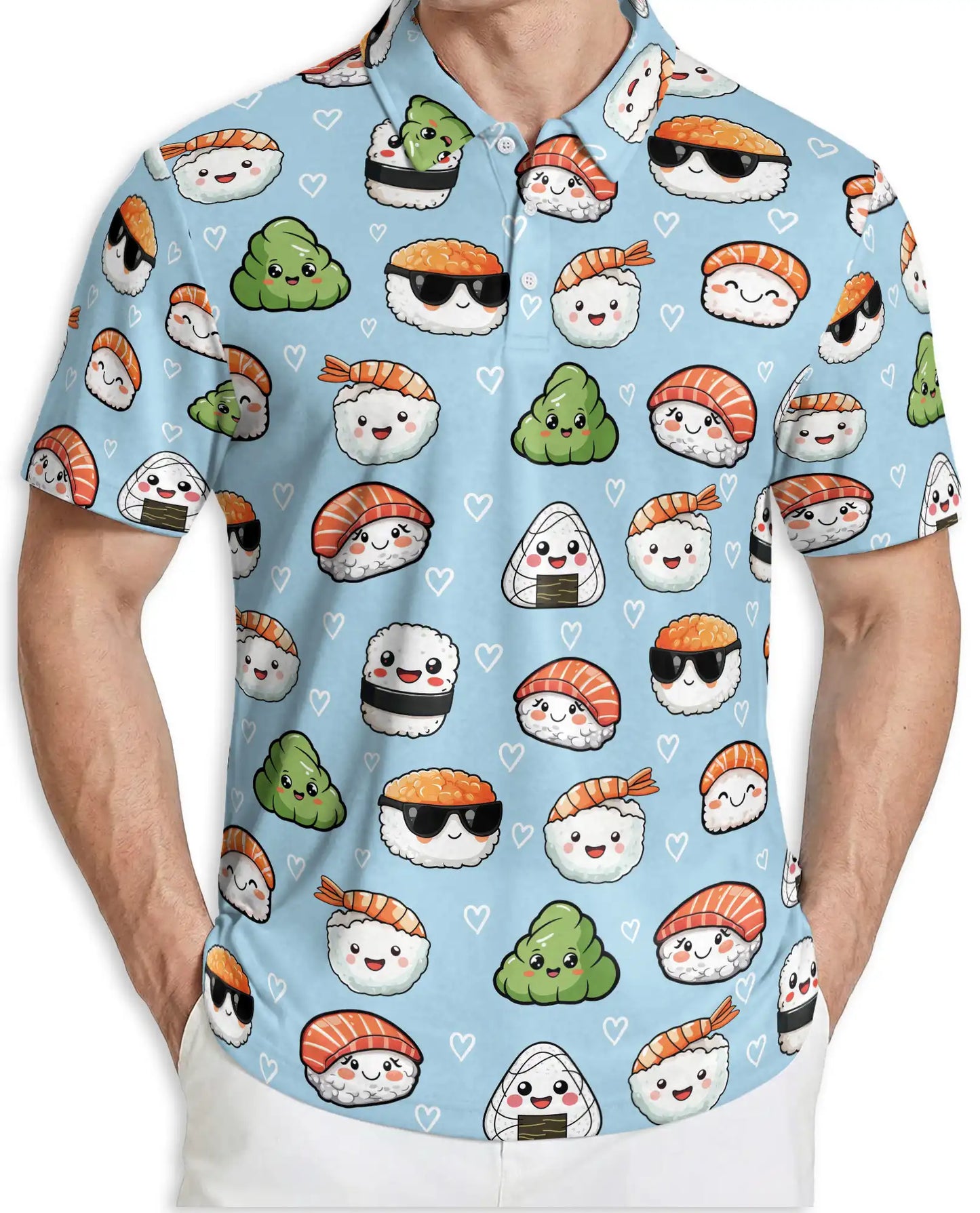 Cute Sushi Polo Shirt, Kawaii Food Print | Azhawaiian