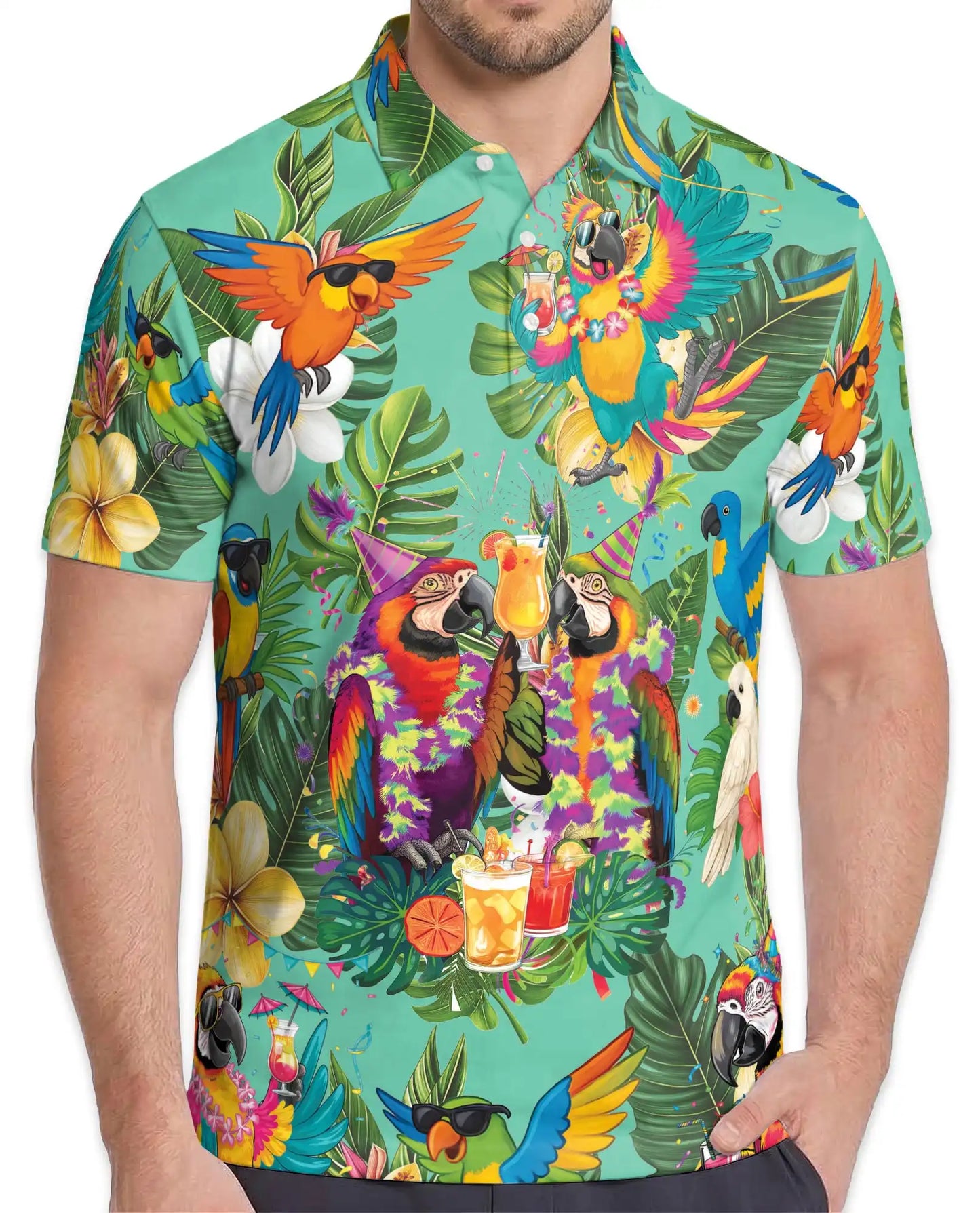 Party Parrot Polo Shirt for Men, Tropical Vacation Style | Azhawaiian