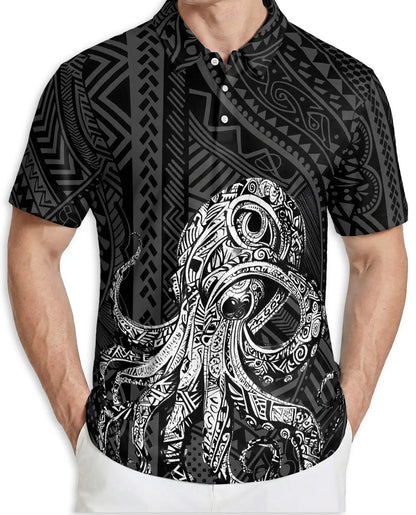 Tribal Octopus Polynesian 3D Polo Shirt for Men, Ocean Tattoo Island Style | Azhawaiian