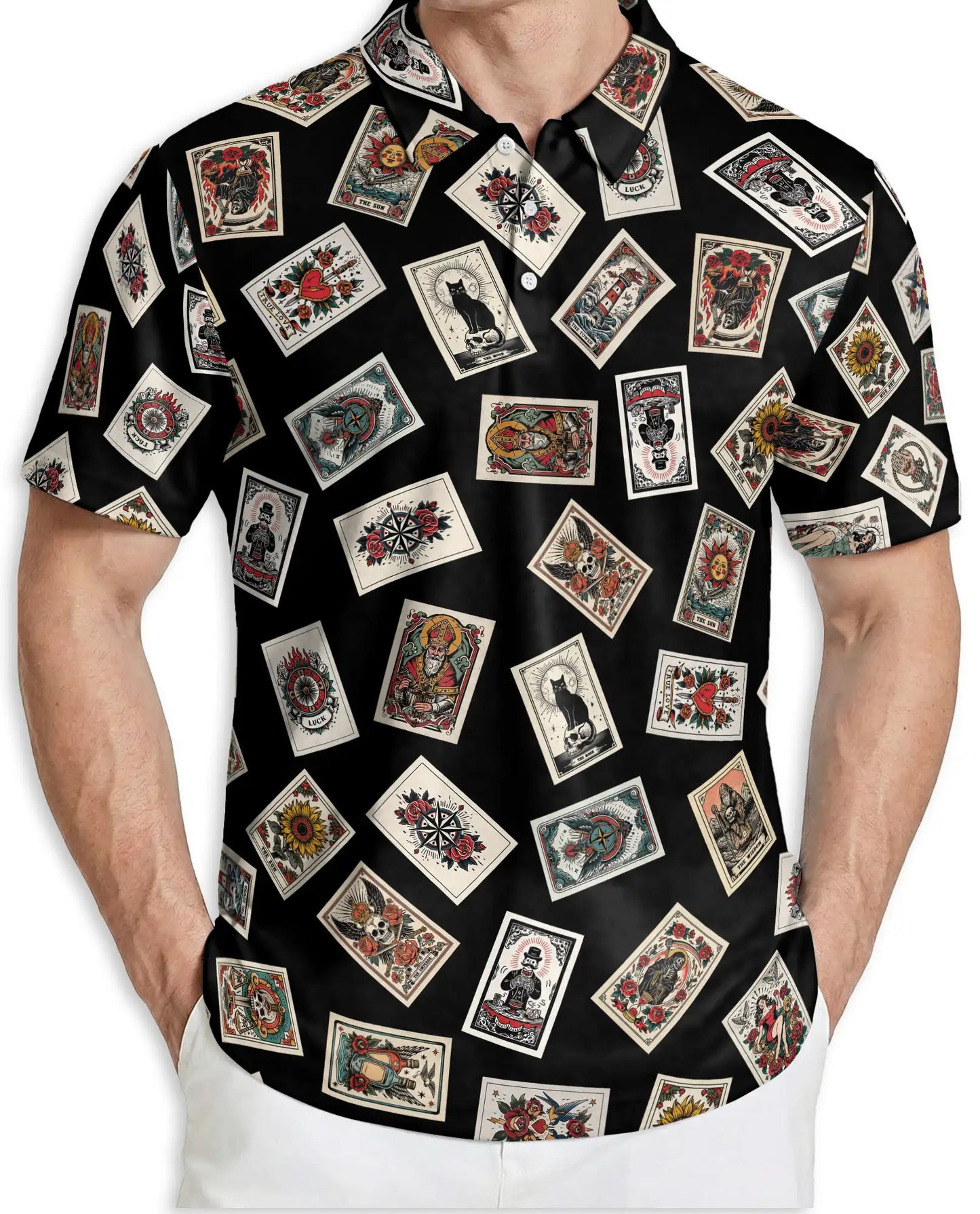 Tarot Card Polo Shirt for Men, Mystical Fortune Design | Azhawaiian