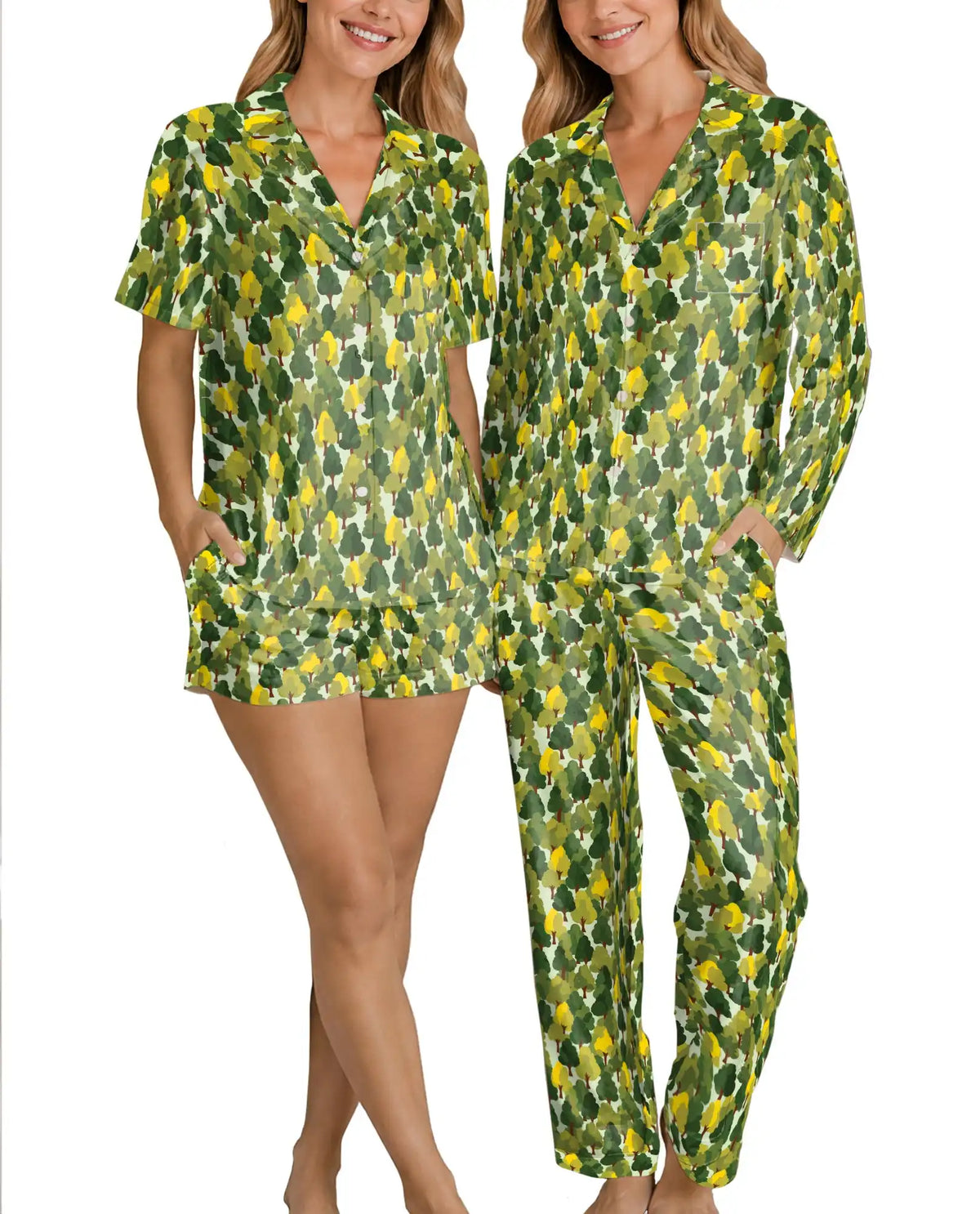 Woodland Tree Camo Pajama Set for Women – Green & Yellow Forest Print