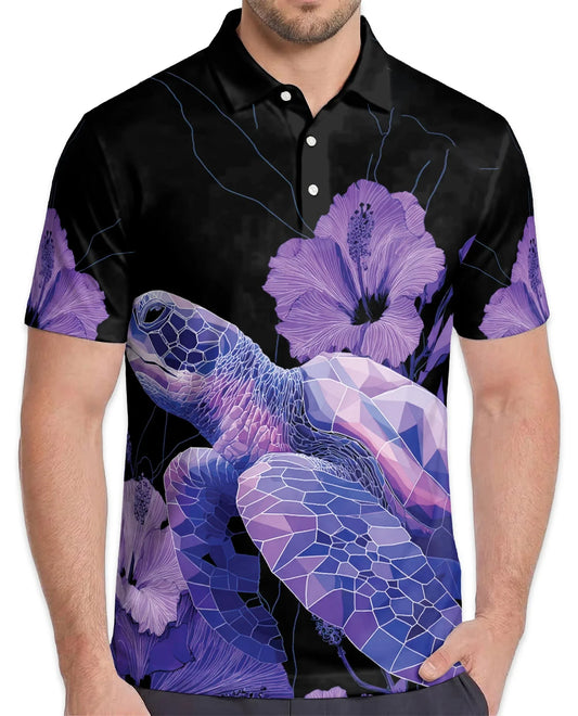 Polynesian Sea Turtle Floral Polo Shirt for Men, Tropical Island Style | Azhawaiian
