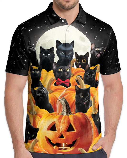 Black Cat Halloween Polo Shirt - Pumpkin Moon Night Style | Azhawaiian