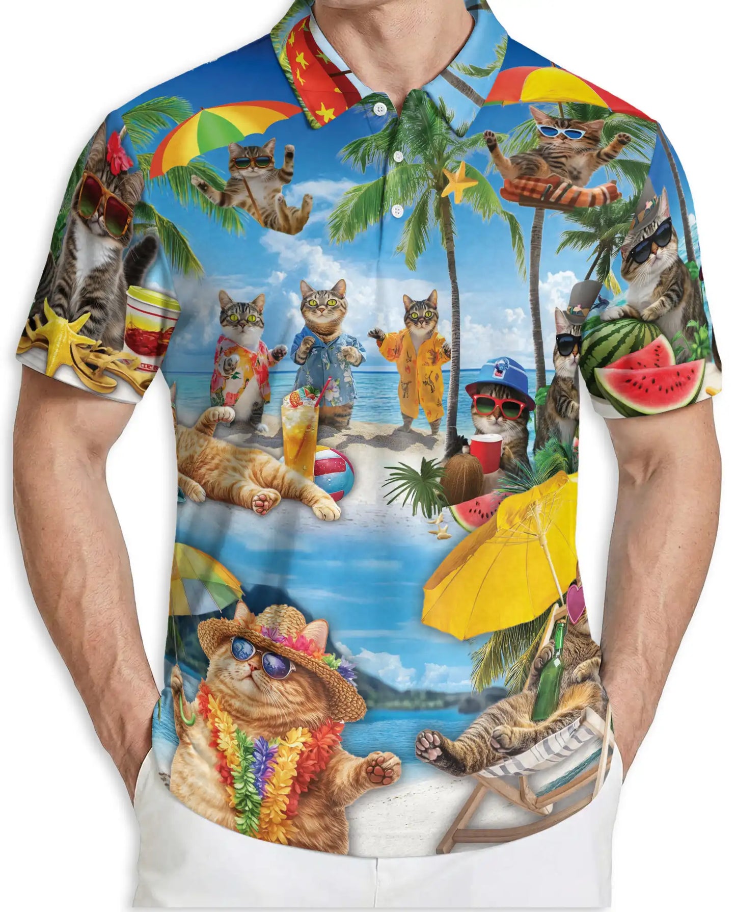 Funny Beach Cats Polo Shirt for Men-Tropical Vacation Summer Shirt | Azhawaiian