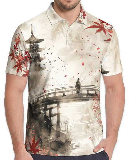 Japanese Ink Landscape Polo Shirt - Zen Asian Art Style | Azhawaiian