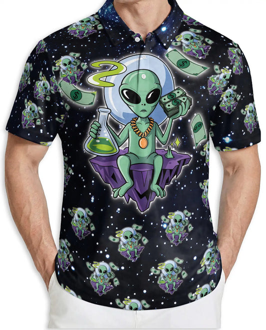 Funny Alien 3D Polo Shirt for Men, Space Cartoon Sci-Fi Style | Azhawaiian