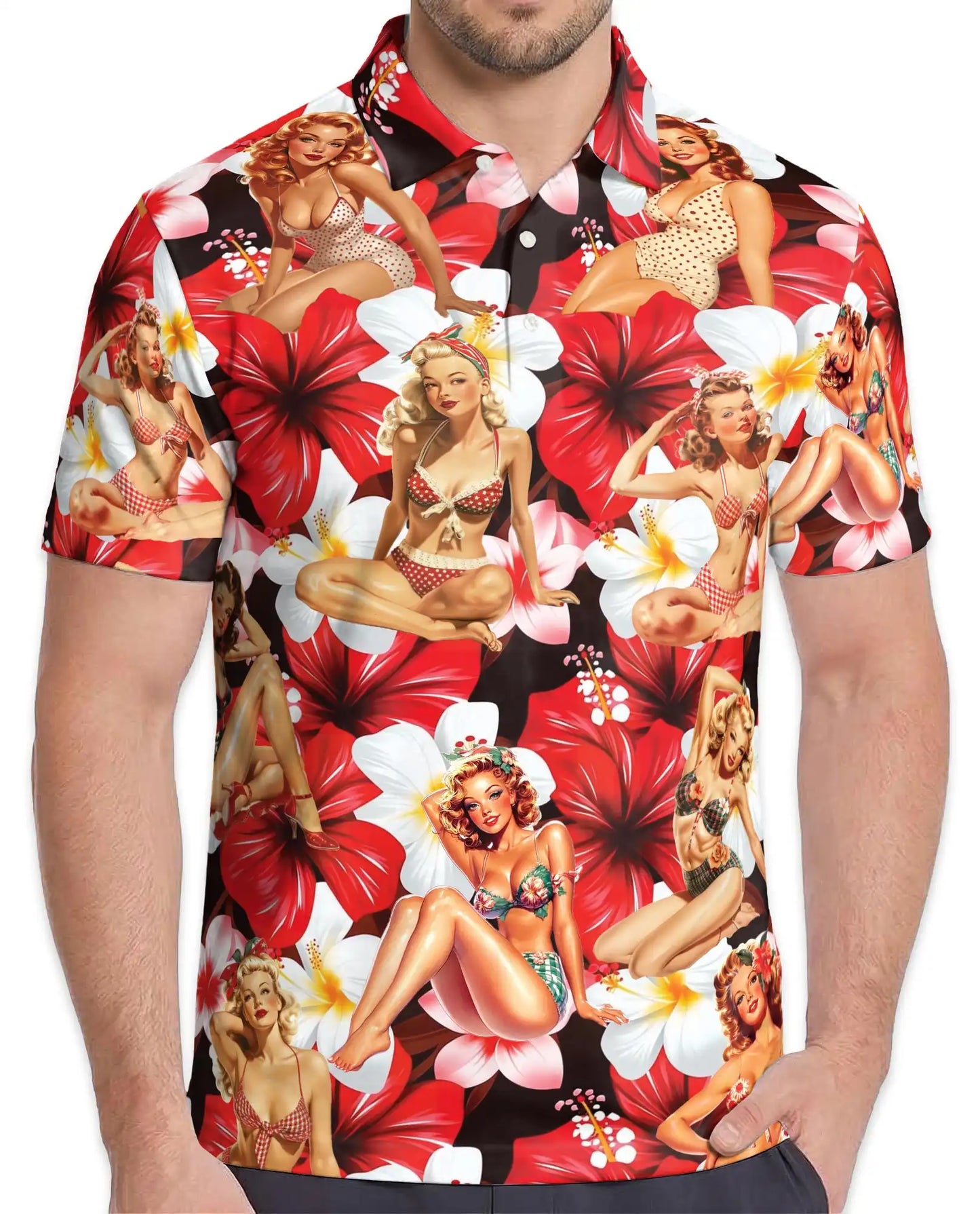 Pin Up Girl Polo Shirt, Retro Tropical Floral Print | Azhawaiian