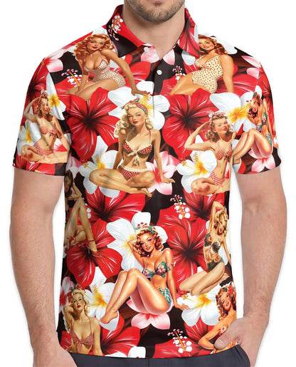 Pin Up Girl Polo Shirt, Retro Tropical Floral Print | Azhawaiian