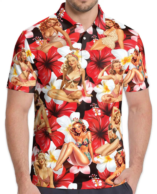 Pin Up Girl Polo Shirt, Retro Tropical Floral Print | Azhawaiian