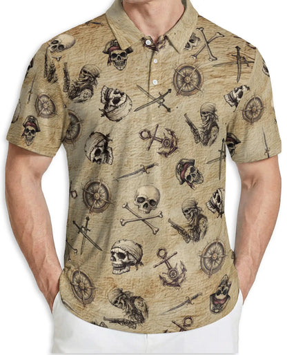 Vintage Pirate Skull 3D Polo Shirt for Men, Nautical Buccaneer Style | Azhawaiian