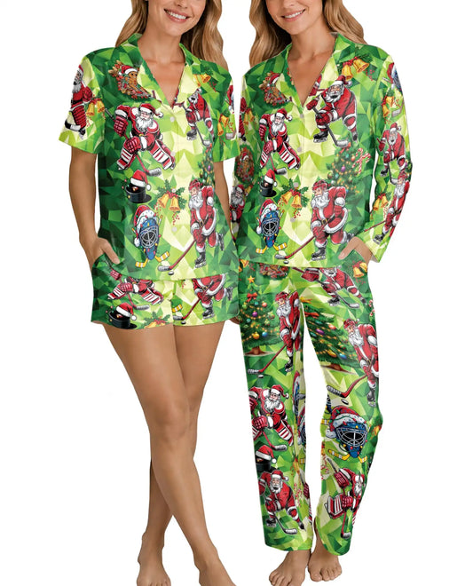 Christmas Hockey Santa Pajama Set for Women – Green Geometric Print