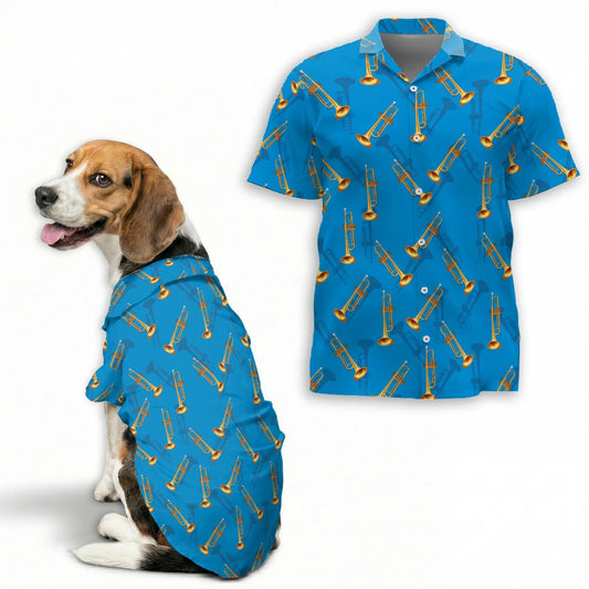 Trombone Pattern Print Hawaii and Musical Instruments Matching Dog Owner Hawaiian Shirts, Funny Pet Aloha Shirt for Beach Vacation - Azhawaiian