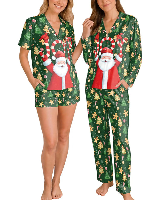 Santa Joy Christmas Pajama Set for Women – Candy Cane & Gingerbread Print