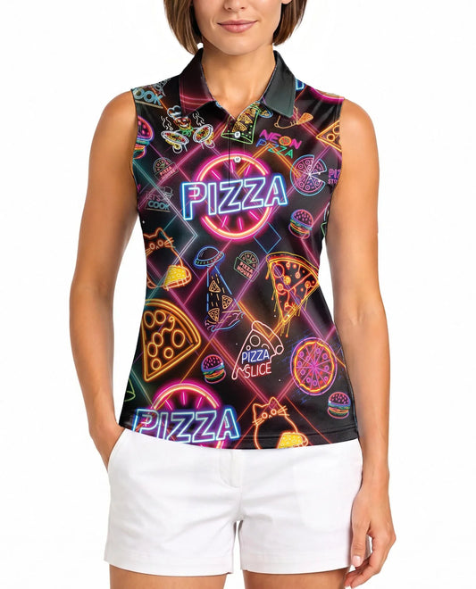 Neon Pizza Sleeveless Polo Shirt for Women, Fun Food Lover Style | Azhawaiian