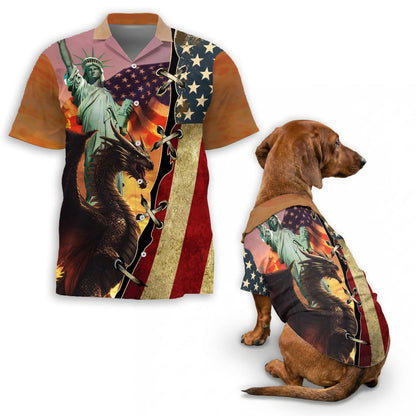 Dragon US Flag Matching Dog Owner Hawaiian Shirts, Funny Pet Aloha Shirt for Beach Vacation - Azhawaiian