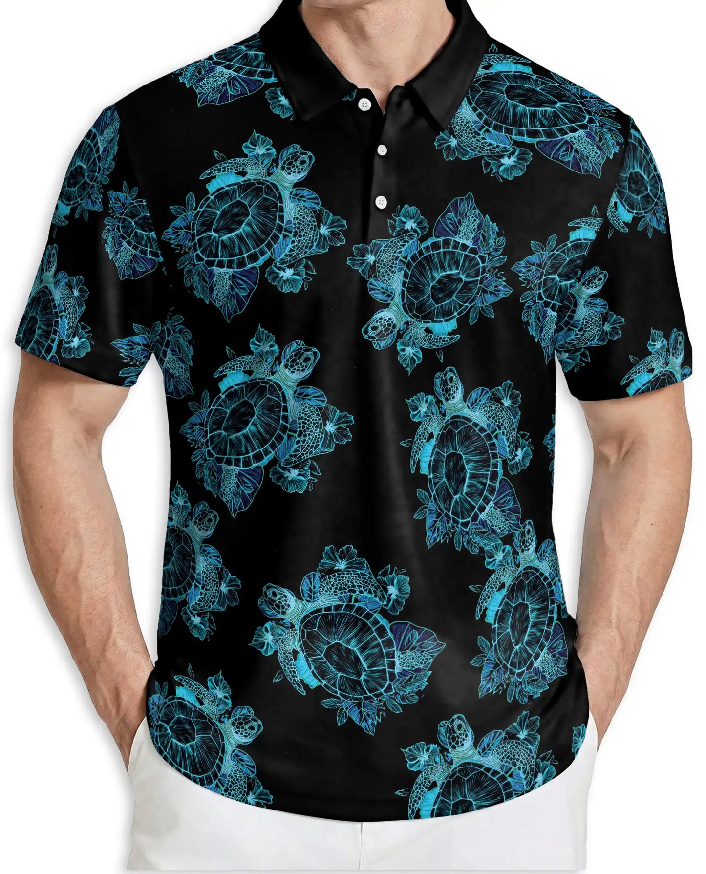 Sea Turtle Polo Shirt, Blue Tribal Hawaiian Print | Azhawaiian