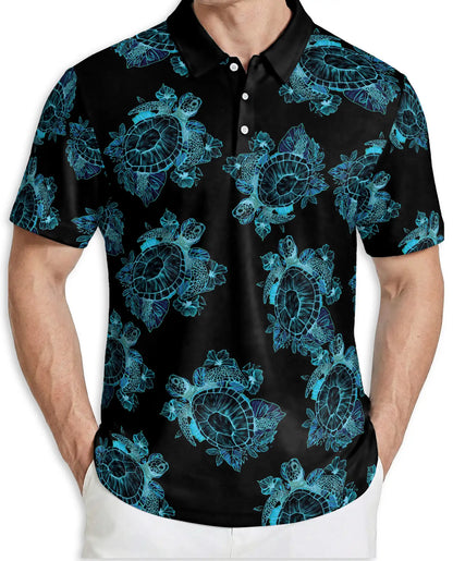 Sea Turtle Polo Shirt, Blue Tribal Hawaiian Print | Azhawaiian