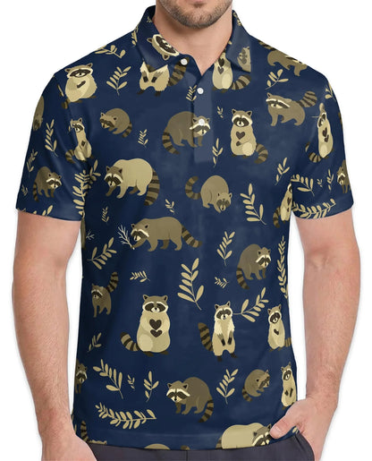 Raccoon Pattern Polo Shirt for Men, Cute Wildlife Animal Style | Azhawaiian