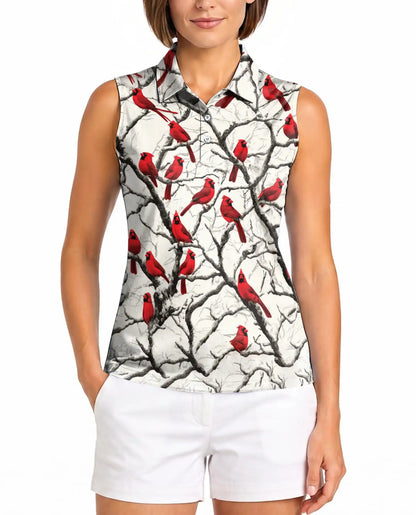 Red Cardinals Sleeveless Polo Shirt for Women, Elegant Bird Nature Style | Azhawaiian