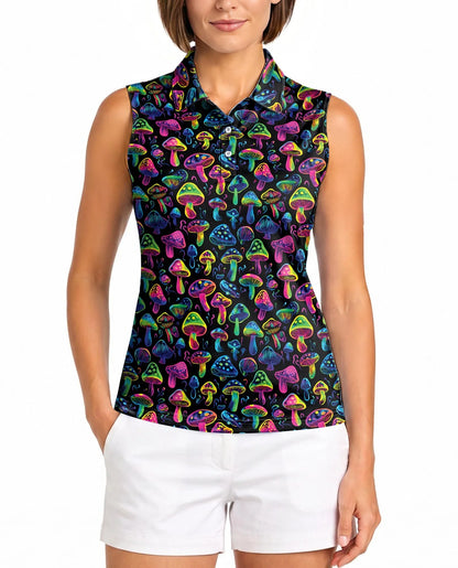 Neon Mushroom Sleeveless Polo Shirt for Women