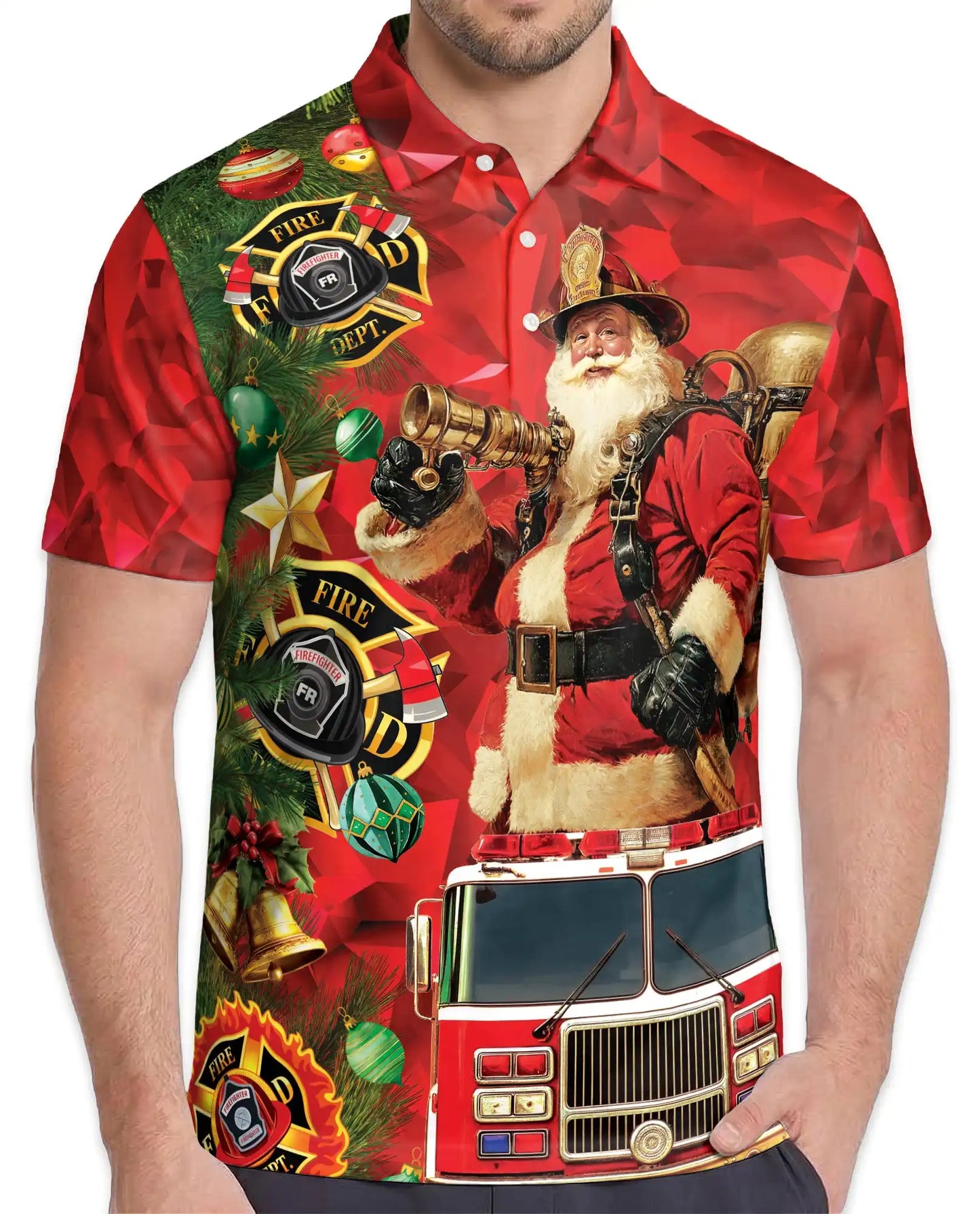Firefighter Santa Christmas Polo Shirt, Fire Truck Holiday Style | Azhawaiian