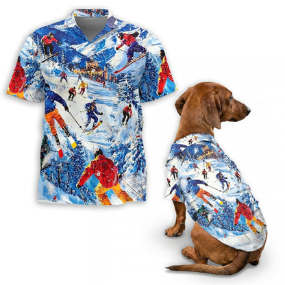 Vintage Skiing Matching Dog Owner Hawaiian Shirts, Funny Pet Aloha Shirt for Beach Vacation - Azhawaiian