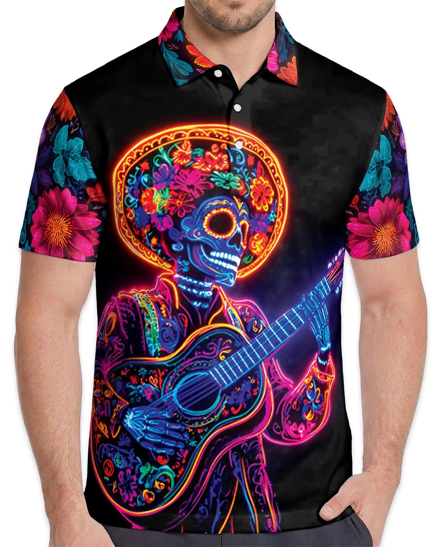 Day of the Dead Skeleton Guitar Polo Shirt for Men, Rock Skull Style | Azhawaiian