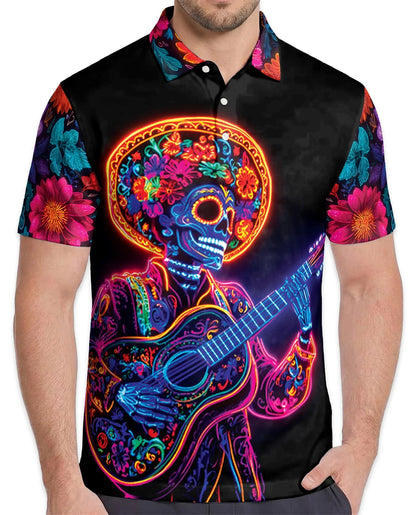 Day of the Dead Skeleton Guitar Polo Shirt for Men, Rock Skull Style | Azhawaiian