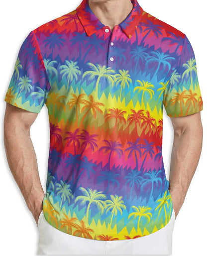 Rainbow Palm Tree Polo Shirt, Tropical Sunset Paradise Print | Azhawaiian