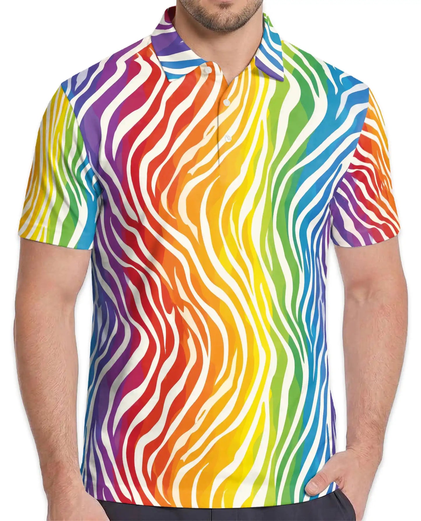 Rainbow Wave Polo Shirt for Men, Colorful Summer Style | Azhawaiian