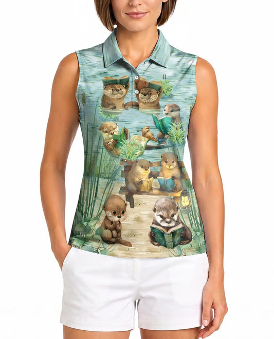 Cute Otter Reading Book Sleeveless Polo Shirt for Women, Animal Lover Style | Azhawaiian