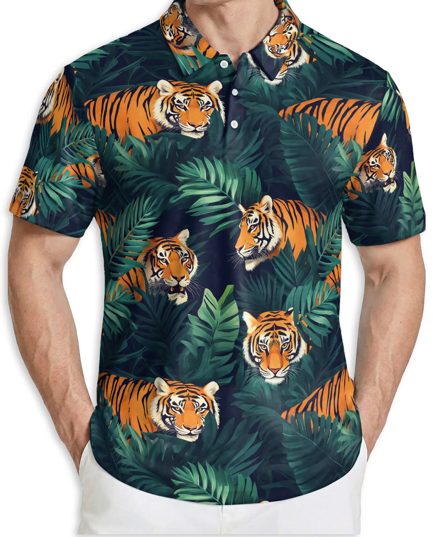 Tiger Jungle 3D Polo Shirt for Men, Wild Animal Tropical Leaf Style | Azhawaiian