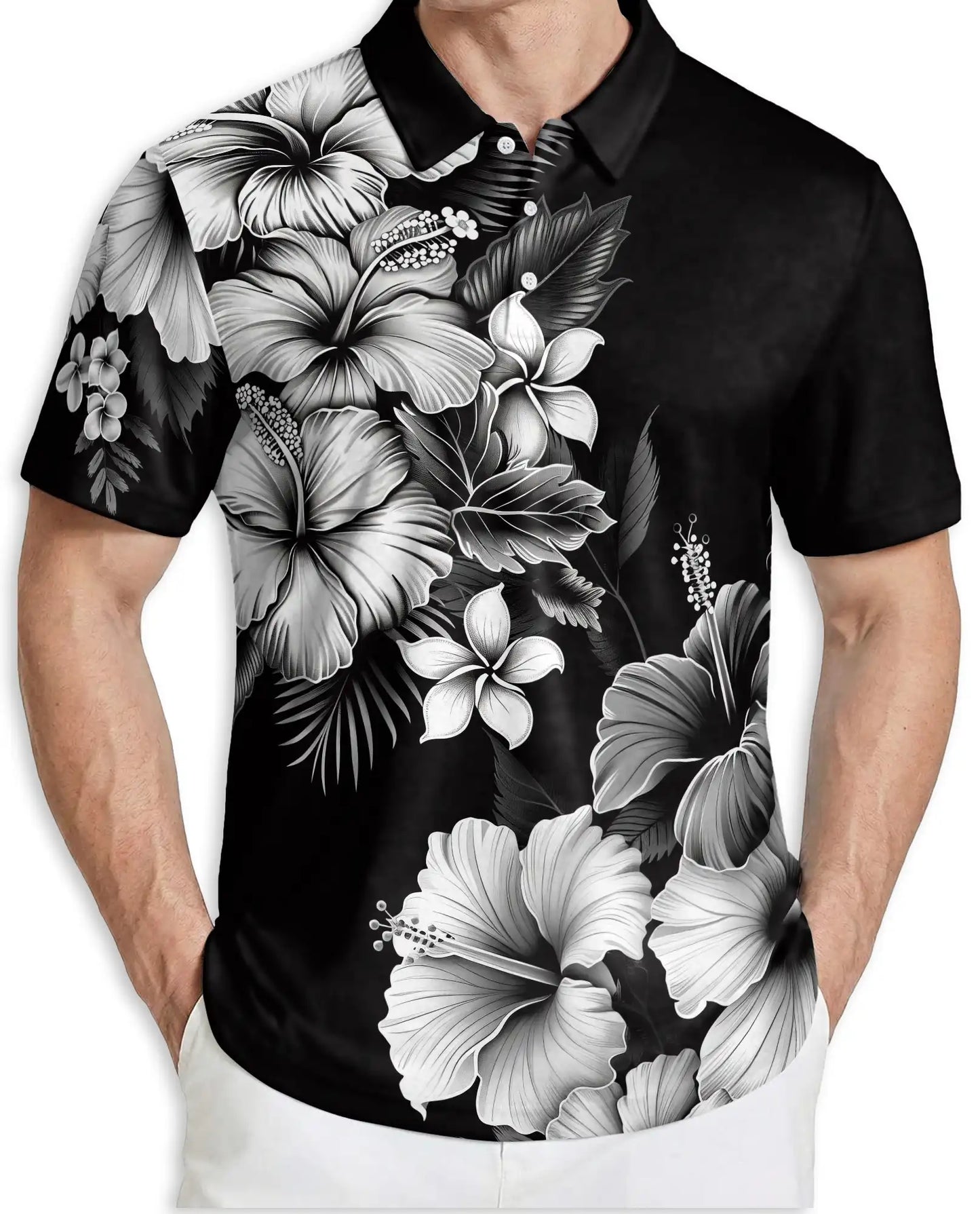 Black White Hibiscus Floral Polo Shirt for Men-Tropical Flower Summer | Azhawaiian