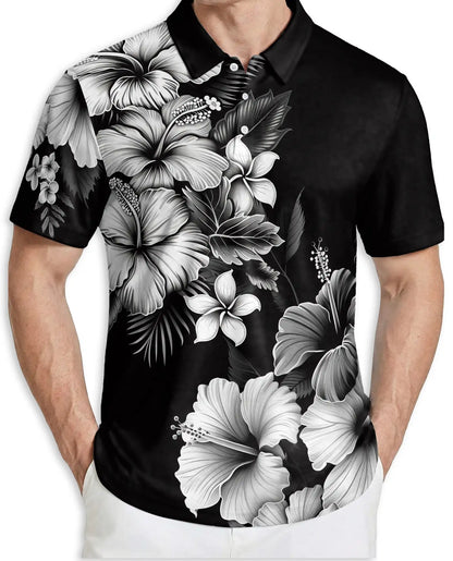 Black White Hibiscus Floral Polo Shirt for Men-Tropical Flower Summer | Azhawaiian