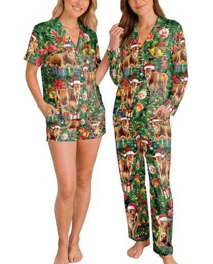 Christmas Cow Pajama Set for Women – Santa Hat Farm Animal Print