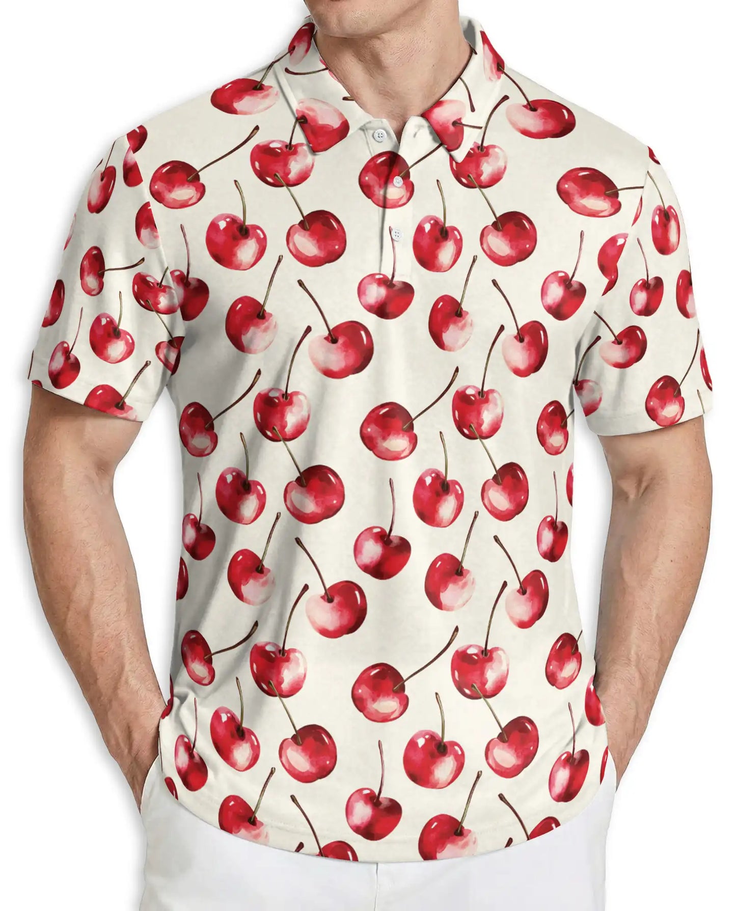 Cherry Print Polo Shirt, Cute Fruit Summer Style | Azhawaiian