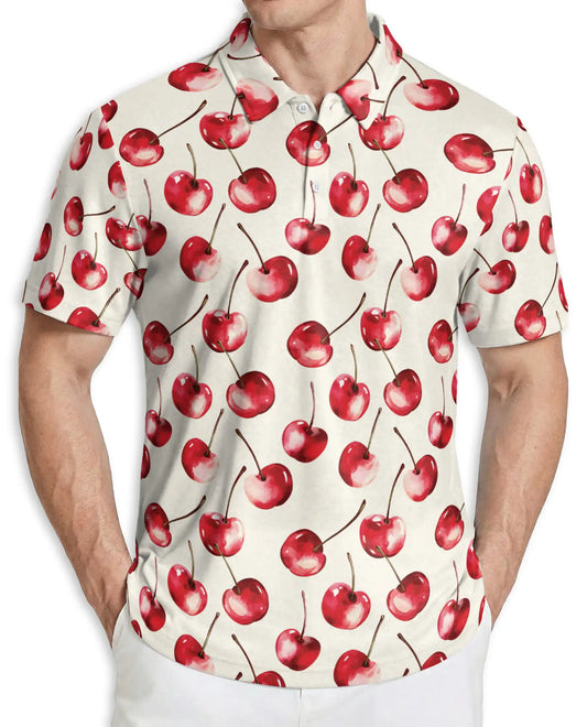 Cherry Print Polo Shirt, Cute Fruit Summer Style