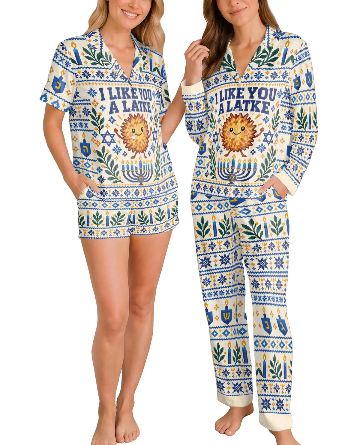 I Like You A Latke Hanukkah Pajama Set for Women – Cute Latke & Fair Isle Print
