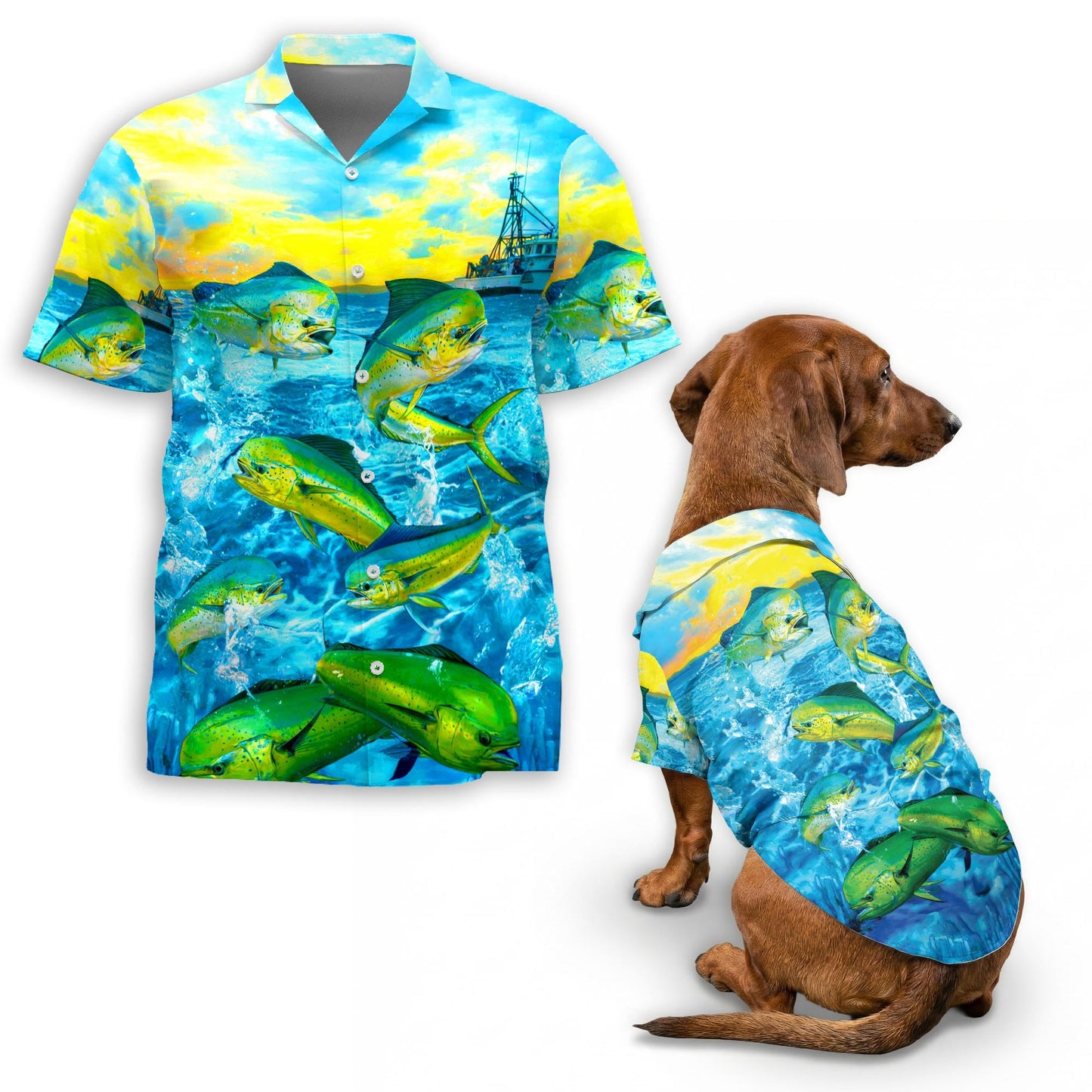 Mahi-Mahi Fish Fishing Matching Dog Owner Hawaiian Shirts, Funny Pet Aloha Shirt for Beach Vacation - Azhawaiian