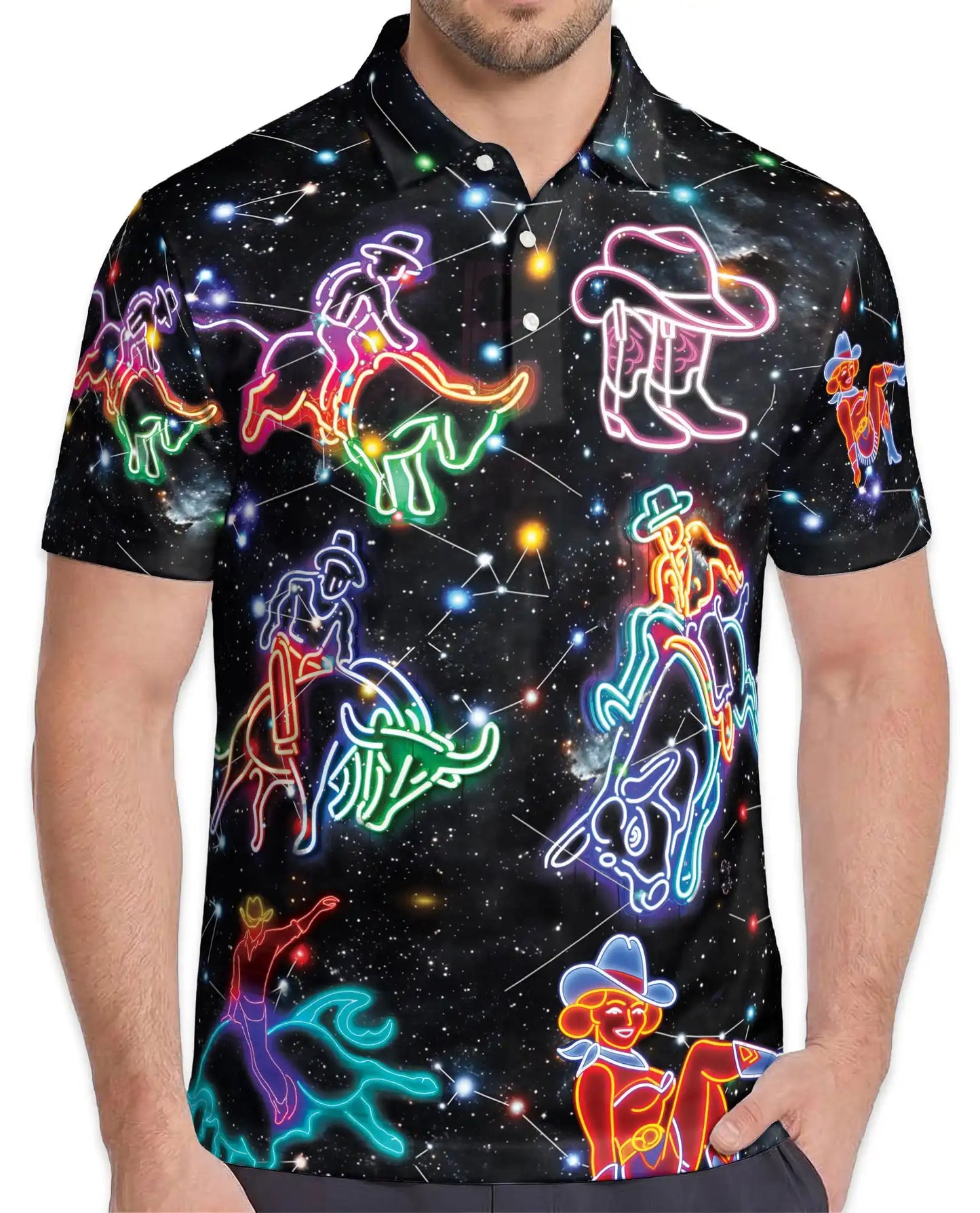 Neon Cowboy Constellation Polo Shirt-Western Galaxy Design | Azhawaiian