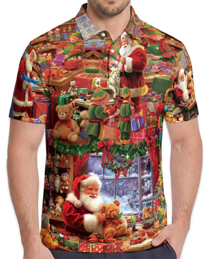 Santa Workshop Polo Shirt, Cozy Christmas Toy Print | Azhawaiian