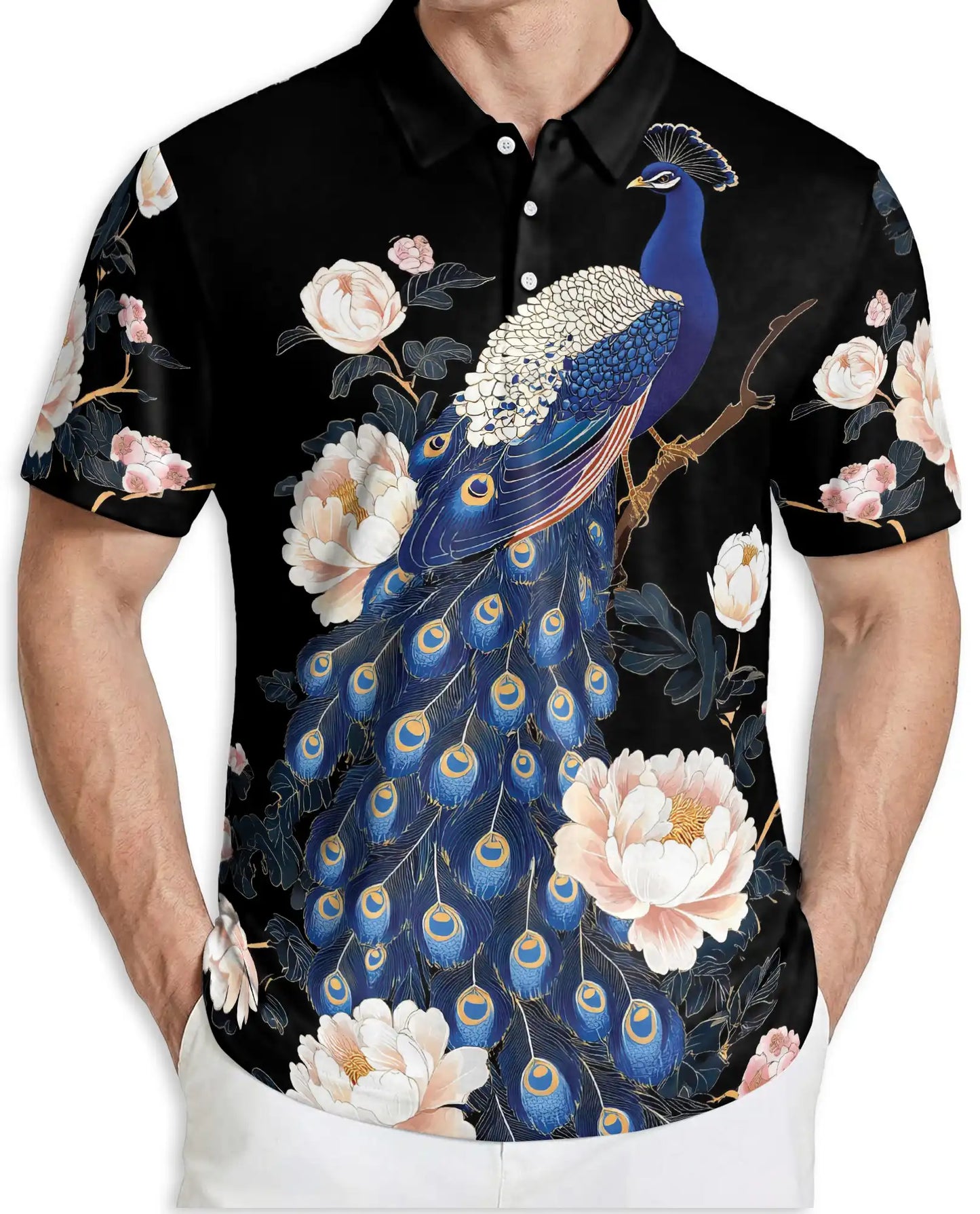 Elegant Peacock Floral Polo Shirt for Men-  Blue Peacock Bird Pattern | Azhawaiian