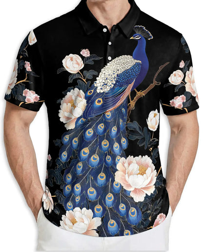 Elegant Peacock Floral Polo Shirt for Men-  Blue Peacock Bird Pattern | Azhawaiian