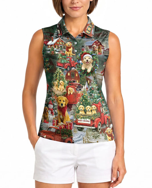 Christmas Golden Retriever Sleeveless Polo Shirt for Women | Azhawaiian