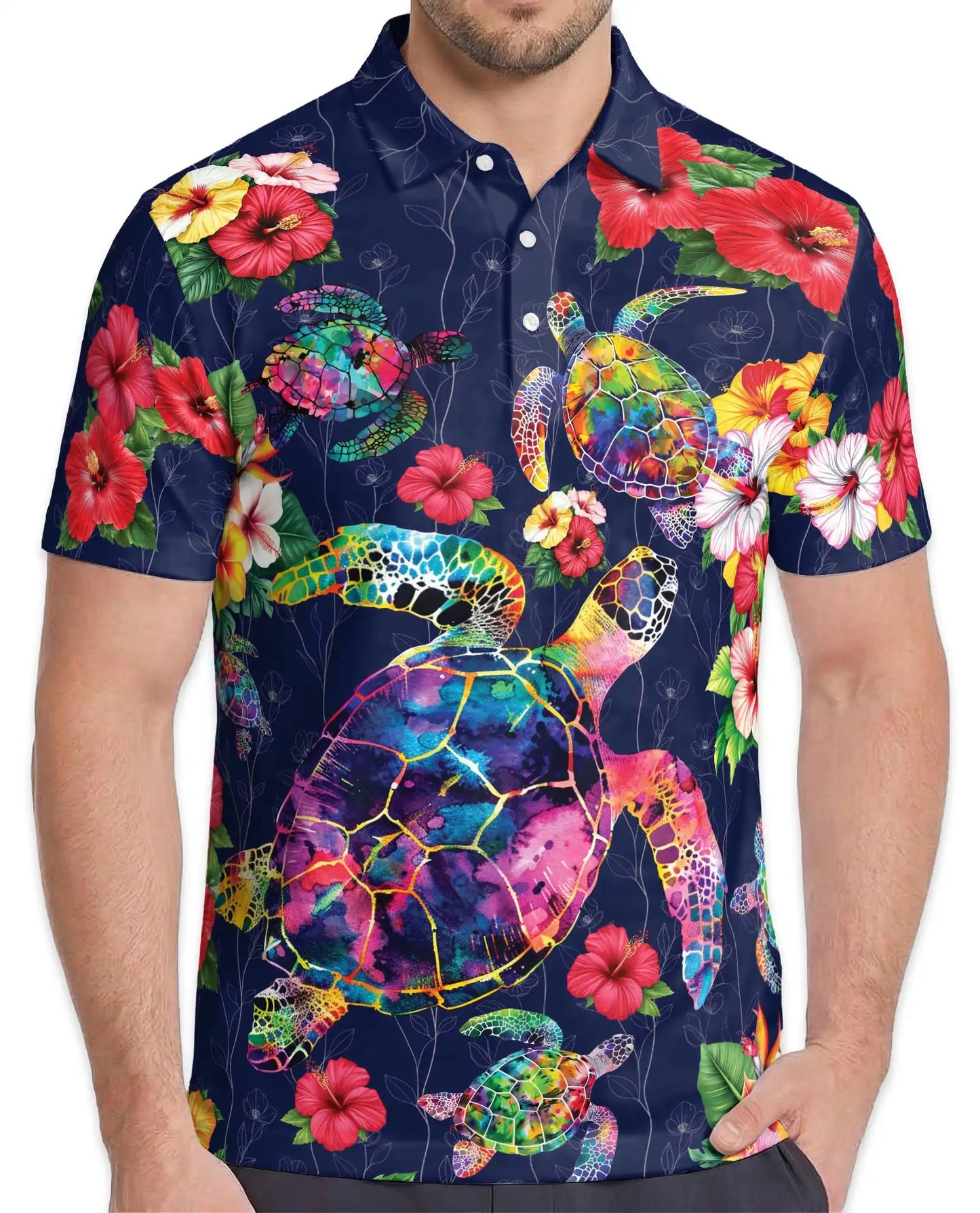 Colorful Sea Turtle Tropical Polo Shirt for Men, Ocean Reef Print | Azhawaiian